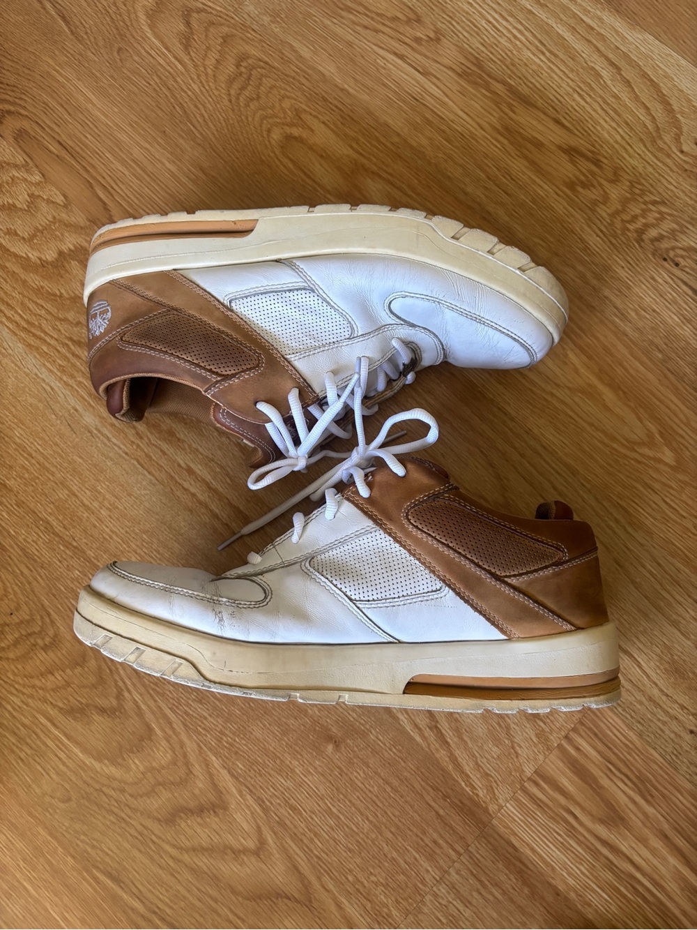 Timberland White and Brown Leather Low-Top Sneakers